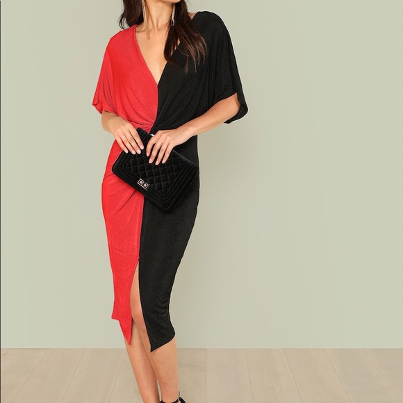 🆕Red/Black 2 tone twist front dress w/front slit - Picture 3 of 6